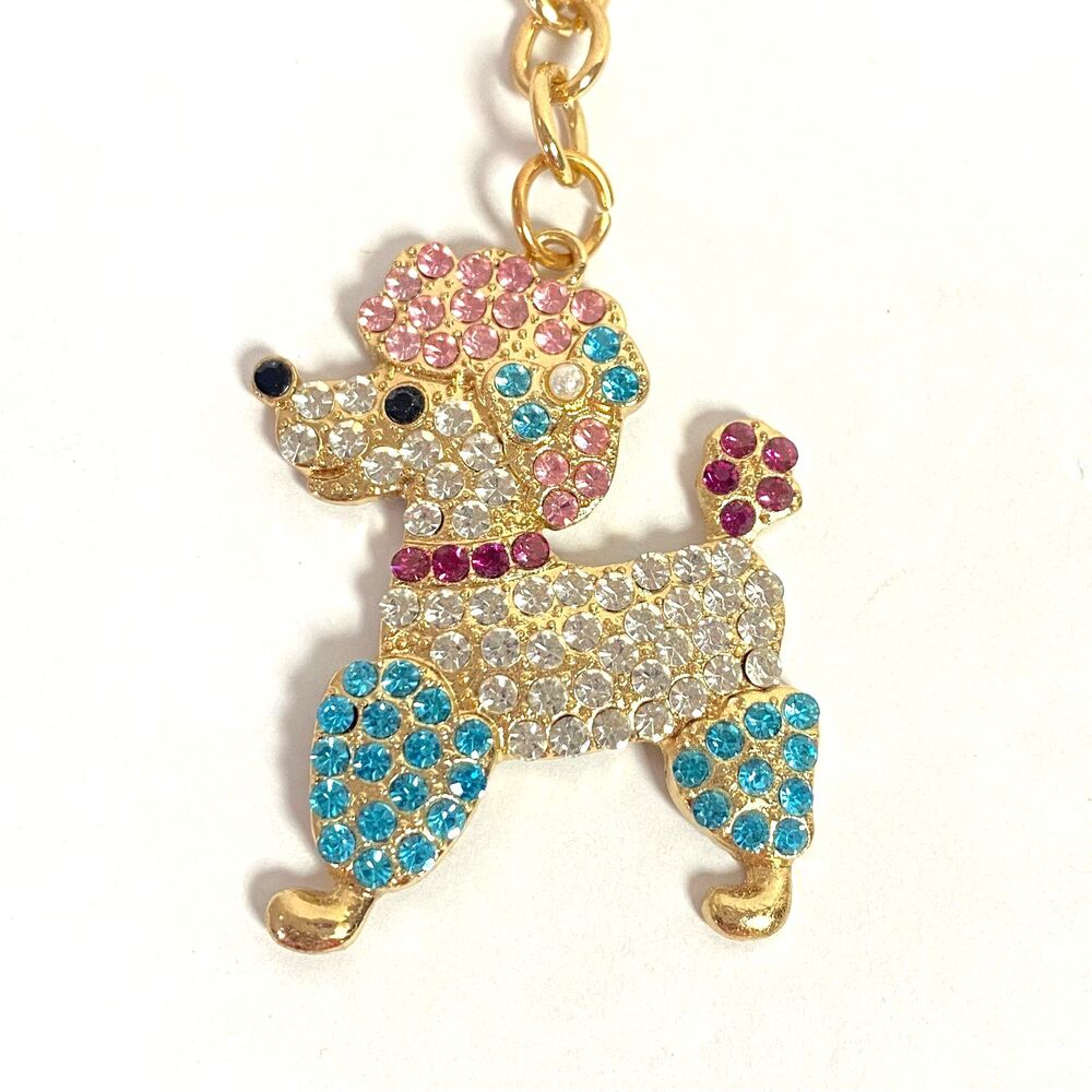 Poodle Rhinestone Keychain Bag Charm Blue Pink Multicolor Gold Tone Metal New